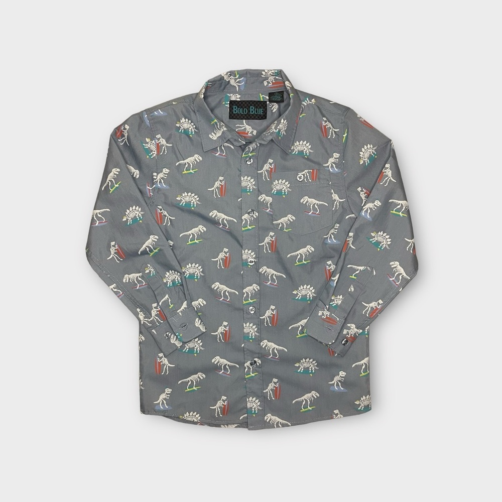 Bold Blue Skeleton Dinosaur Surf Pattern Button Up Shirt NWOT